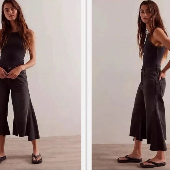 Free People Pants - NWT Free People Black Ripple Wide-Leg Cropped Pants Size 25